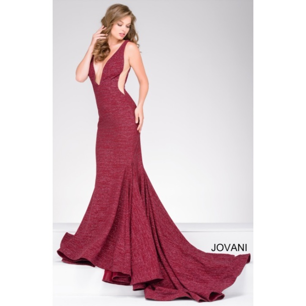 Jovani Prom Dress 4 Burgundy Red Glitter Jersey Mermaid Plunging V-Neck Train